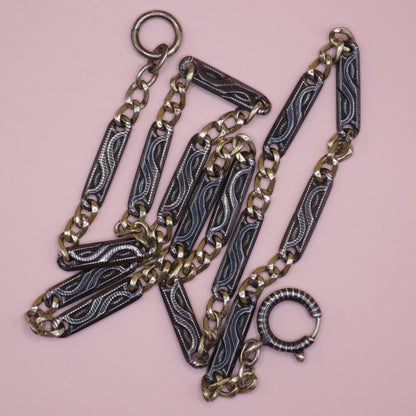 Antique Victorian Niello Silver Pocket Watch Chain: Bar Link Choker, 800 Silver MB10