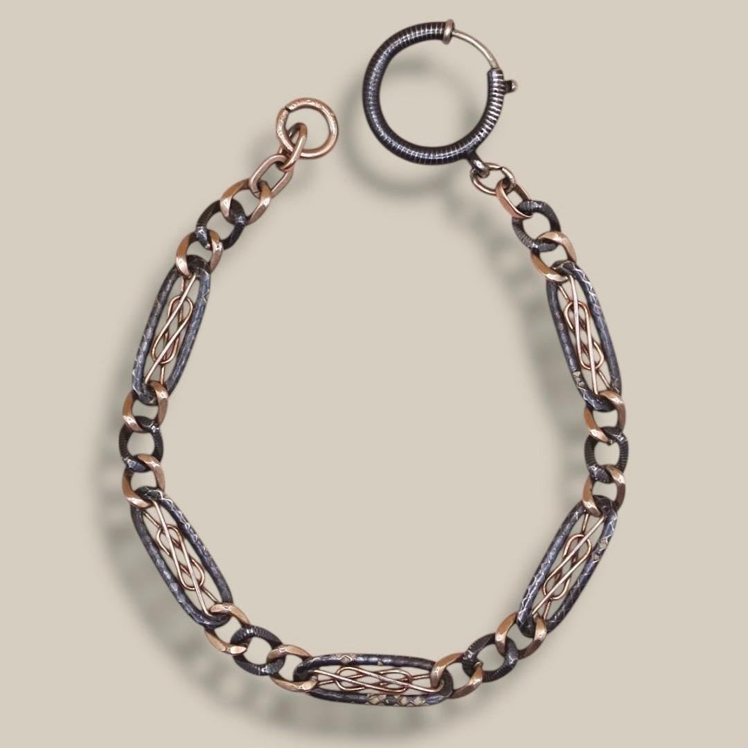 Antique Victorian Niello 800 Silver & 12k Rose Gold Gilt Chain Bracelet, 8.75" inches MB57