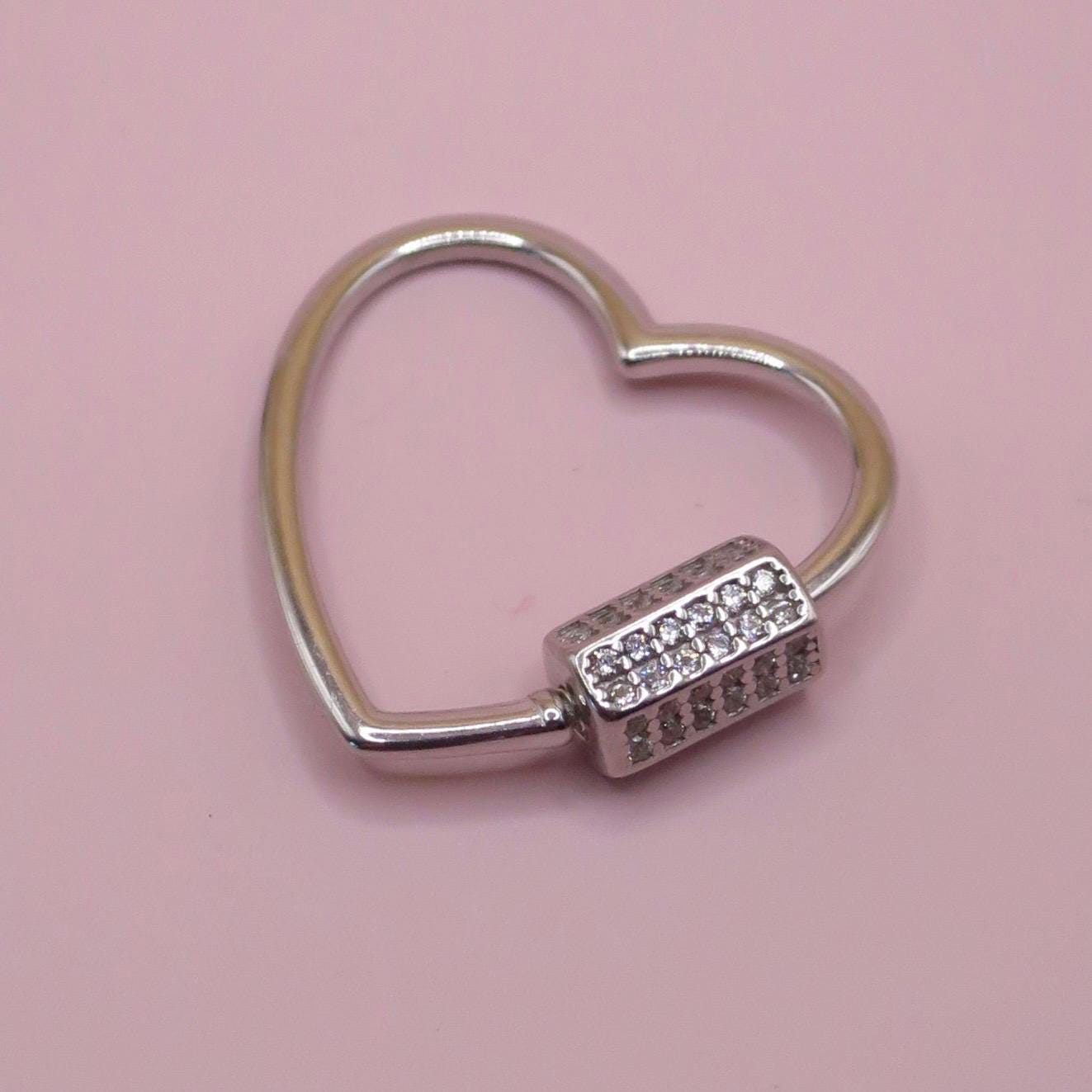 Solid 925 Sterling Silver with CZ Cubic Zirconias Micro Pave Heart Shape Carabiner Clasp Screw Lock Connector for Charm Hangers  19.8 X 24mm