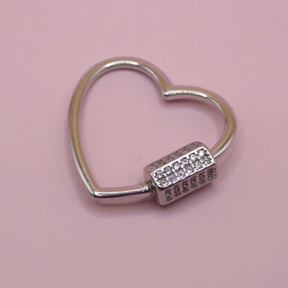 Solid 925 Sterling Silver with CZ Cubic Zirconias Micro Pave Heart Shape Carabiner Clasp Screw Lock Connector for Charm Hangers  19.8 X 24mm