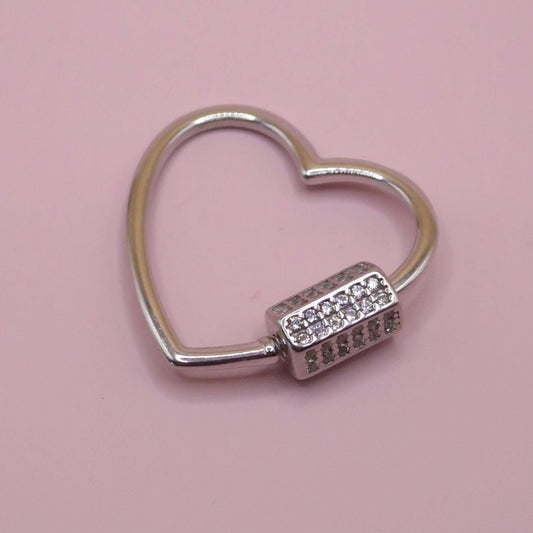 Solid 925 Sterling Silver with CZ Cubic Zirconias Micro Pave Heart Shape Carabiner Clasp Screw Lock Connector for Charm Hangers  19.8 X 24mm