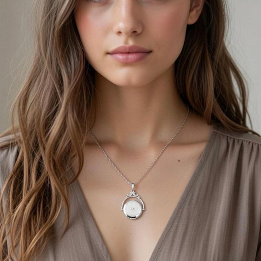 Solid 925 Sterling Silver Antique Victorian Style Spinner Design Round Locket with Diamond 35 X 24mm