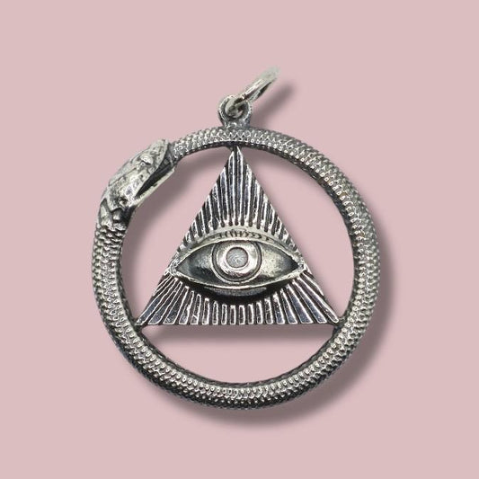 Solid 925 Sterling Silver All-Seeing Eye and Ouroboros Pendant