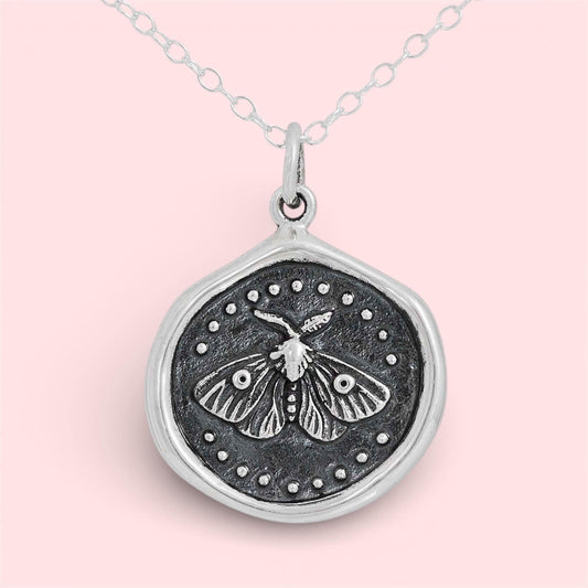 Solid 925 Sterling Silver Wax Seal Moth Spirit Animal Medallion Pendant