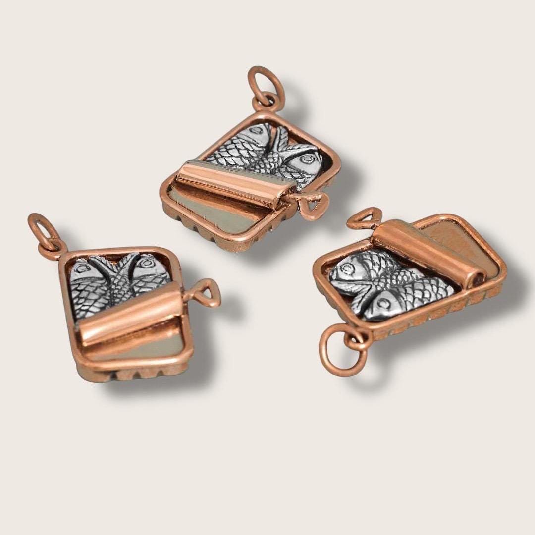 Solid 925 Sterling Silver & Bronze Sardine Can Charm Necklace