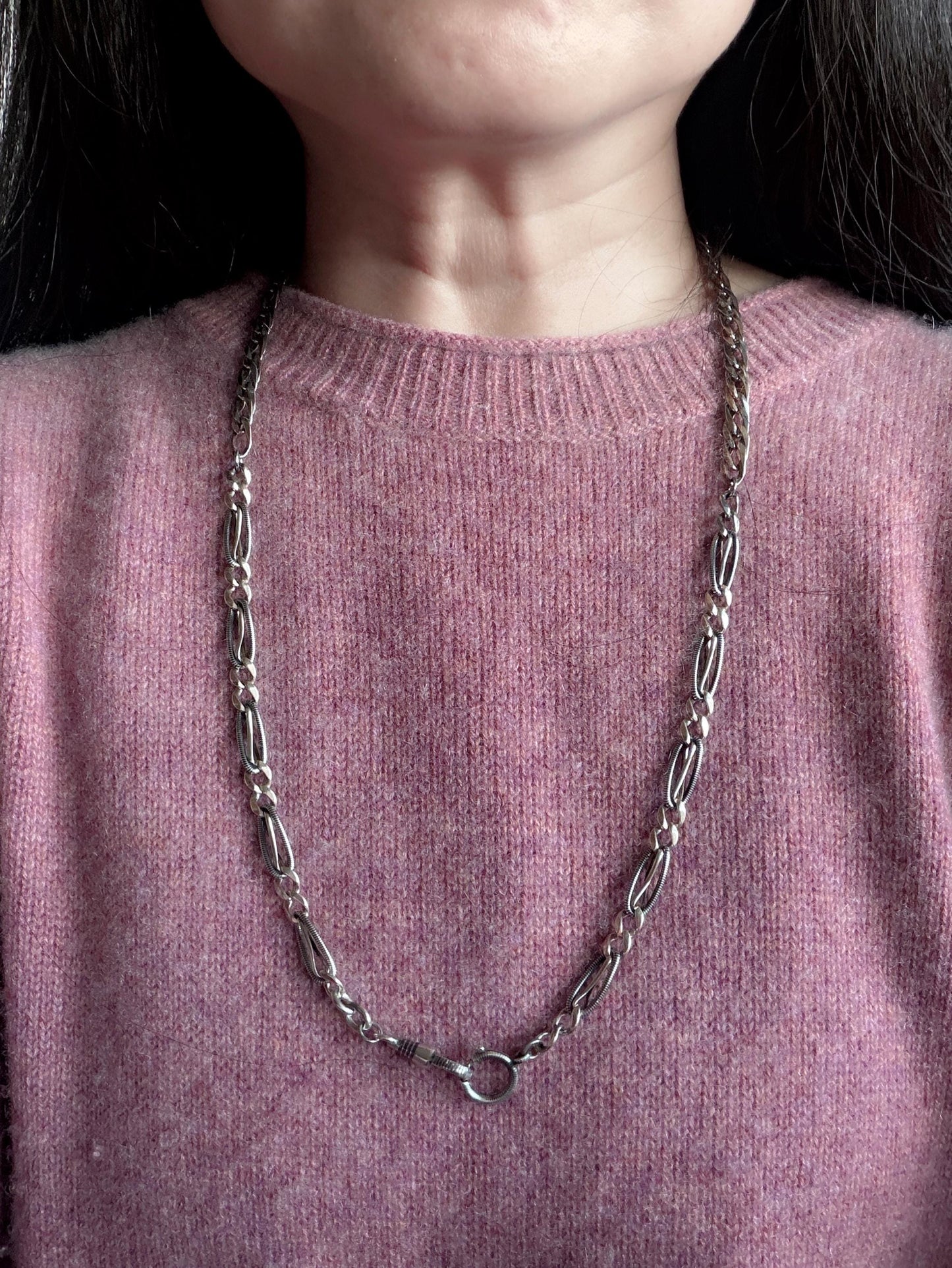 Converted Antique Victorian Niello 800 Silver & Rose Gold Vermeil Long Watch Chain Necklace MB19