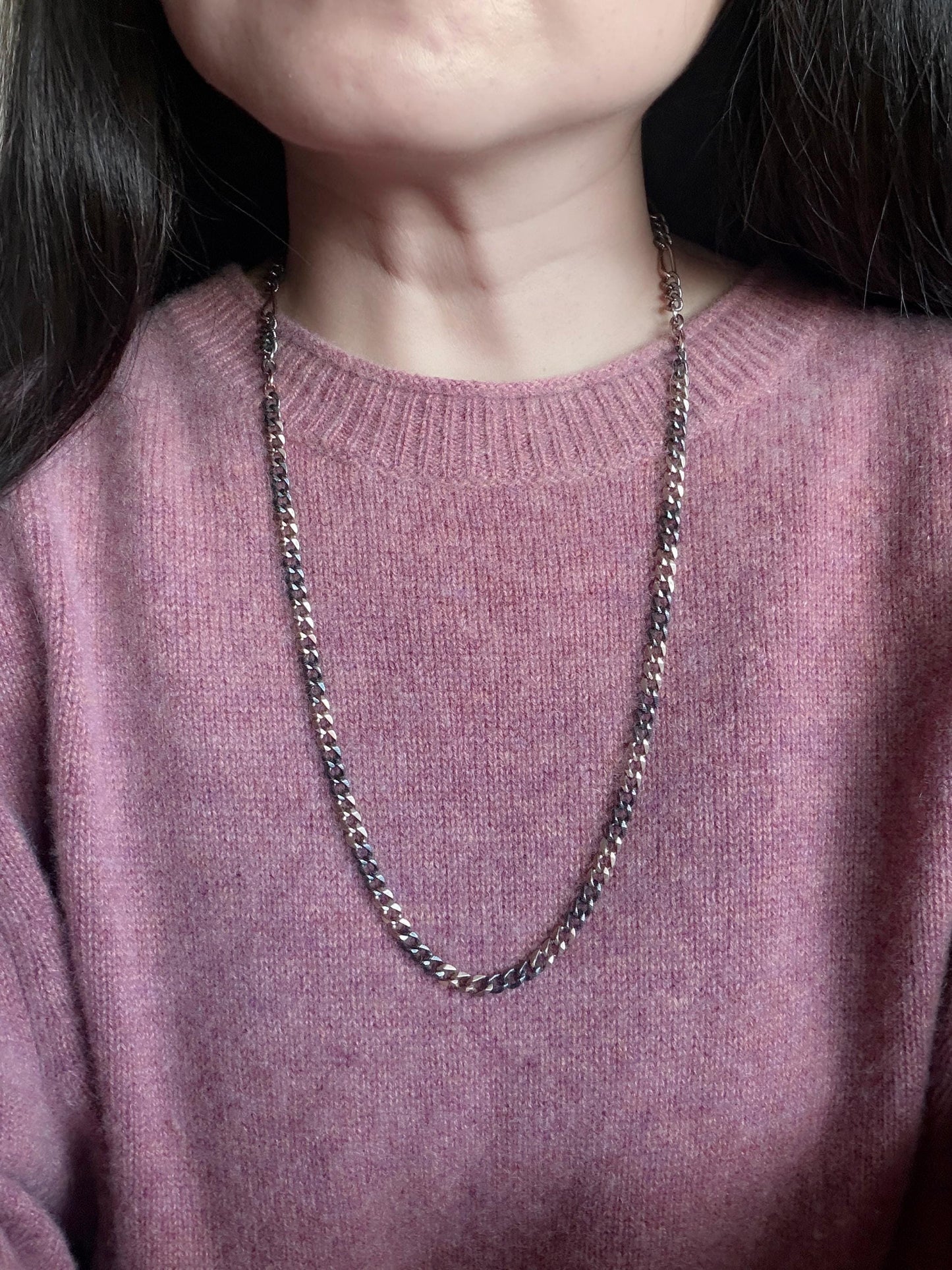 Converted Antique Victorian Niello 800 Silver & Rose Gold Vermeil Long Watch Chain Necklace MB18