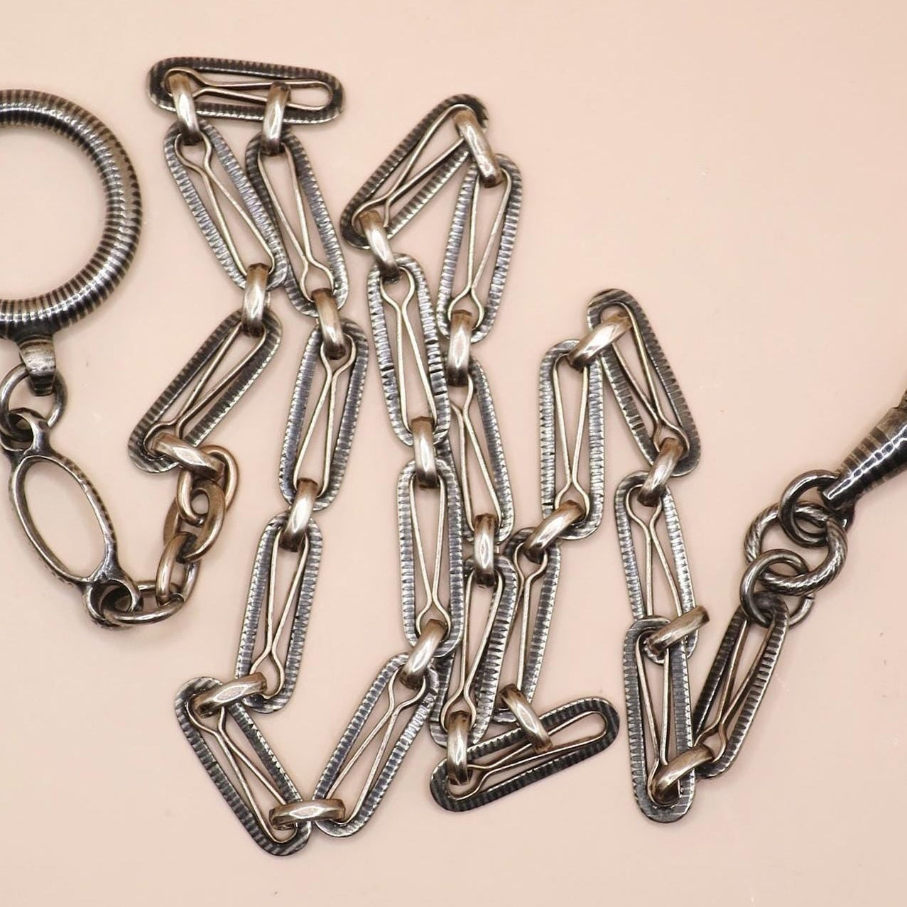 Antique Niello Silver Pocket Watch Chain Necklace: Victorian 800 Silver MB67