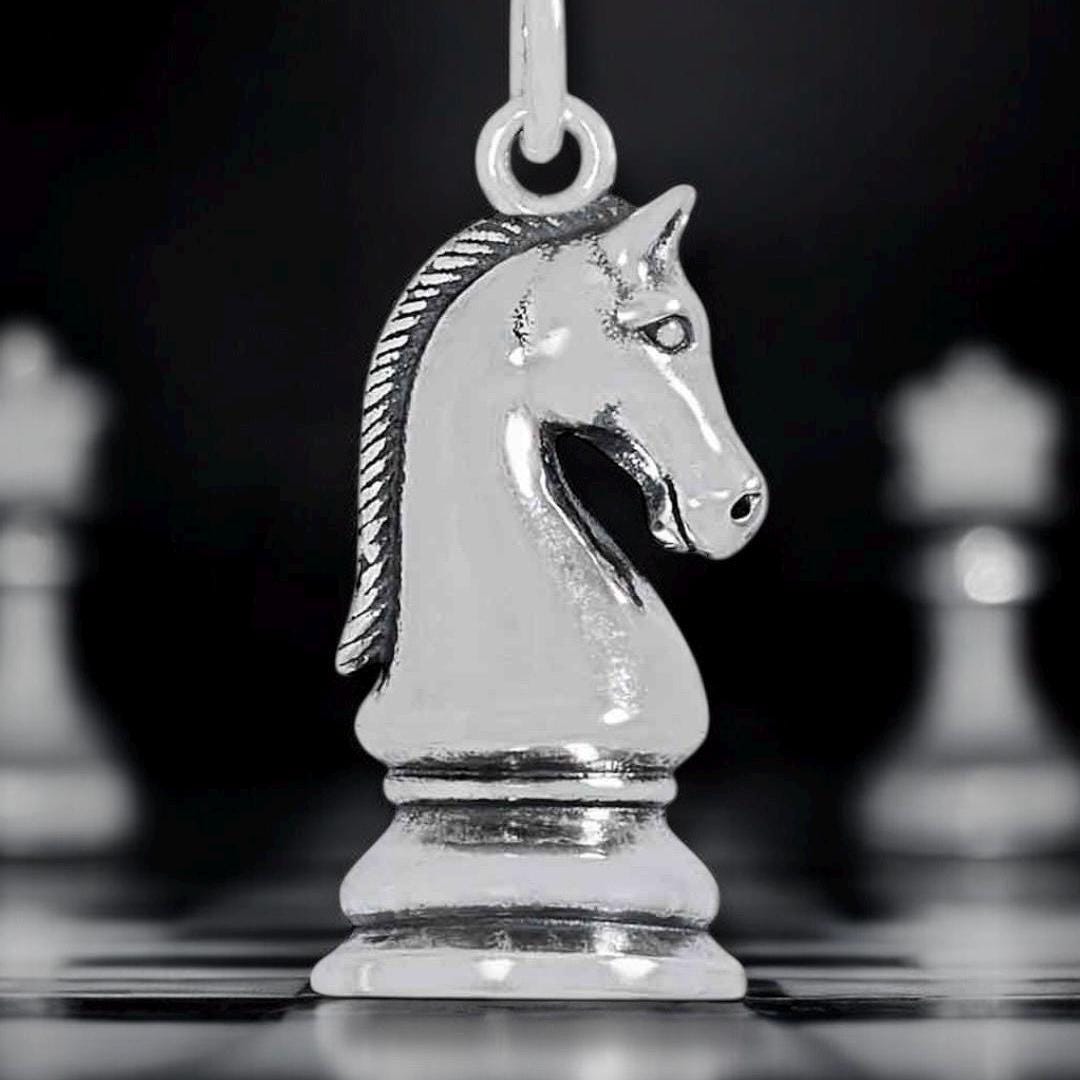 Solid 925 Sterling Silver Knight Chess Piece Pendant Necklace 22x9mm