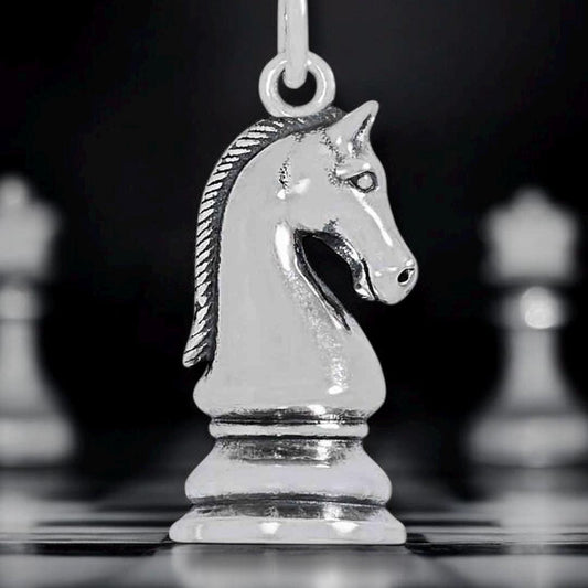 Solid 925 Sterling Silver Knight Chess Piece Pendant Necklace 22x9mm