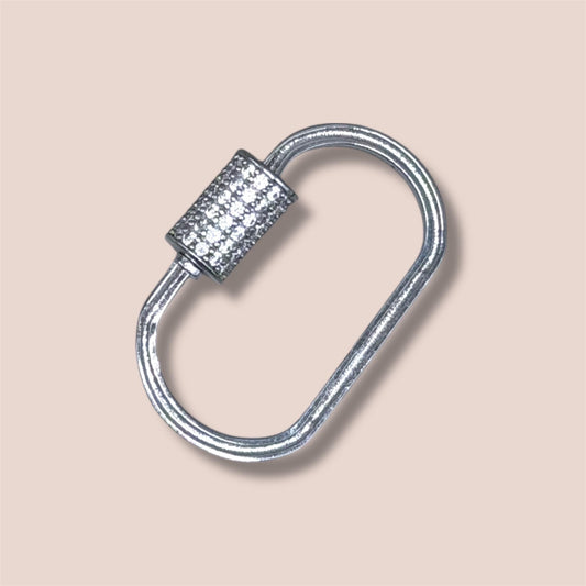 Solid 925 Sterling Silver with CZ Cubic Zirconias Micro Pave Oval Shape Carabiner Clasp Screw Lock Connector for Charm Hangers  16 X 25mm
