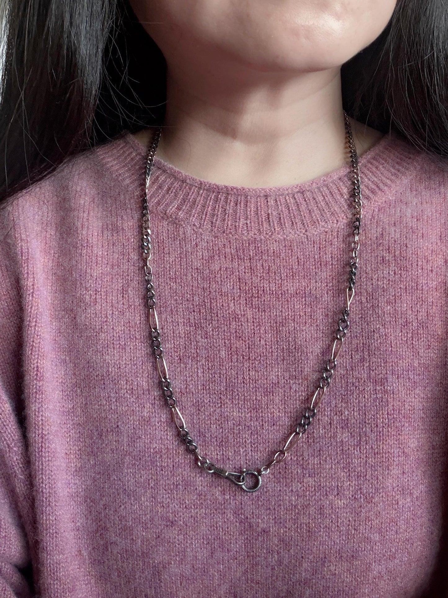 Converted Antique Victorian Niello 800 Silver & Rose Gold Vermeil Long Watch Chain Necklace MB18