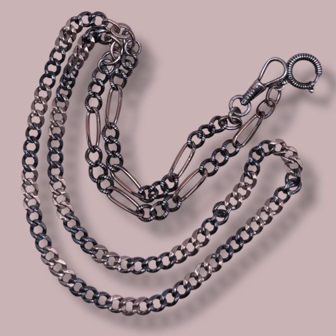 Converted Antique Victorian Niello 800 Silver & Rose Gold Vermeil Long Watch Chain Necklace MB18