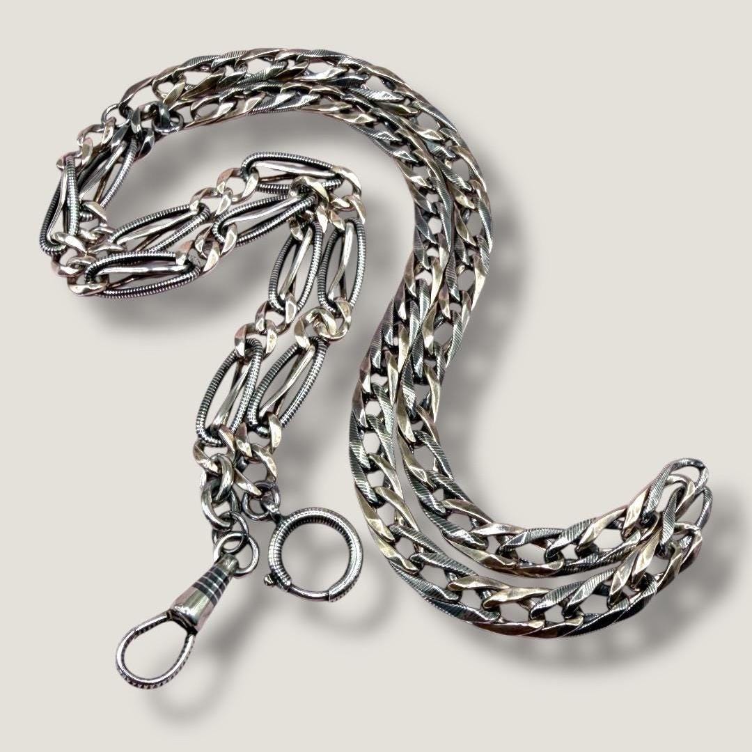 Converted Antique Victorian Niello 800 Silver & Rose Gold Vermeil Long Watch Chain Necklace MB19