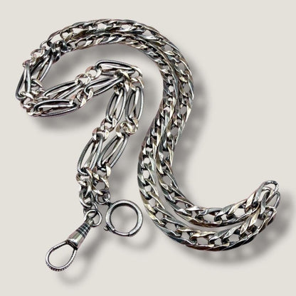 Converted Antique Victorian Niello 800 Silver & Rose Gold Vermeil Long Watch Chain Necklace MB19