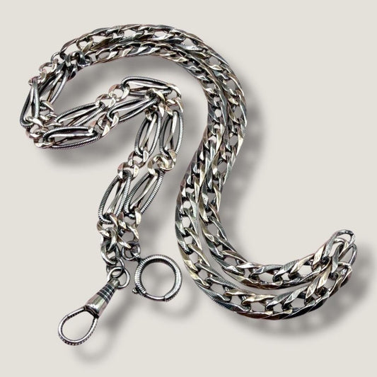 Converted Antique Victorian Niello 800 Silver & Rose Gold Vermeil Long Watch Chain Necklace MB19