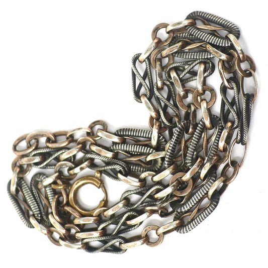 Antique Victorian Niello Silver Rose Gold Gilt Watch Chain Necklace, 17.30" inches MB68