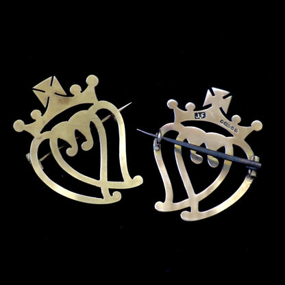 1871 Victorian 9ct Gold His & Hers Scottish Luckenbooth Love Token Witch's Heart Brooch Set