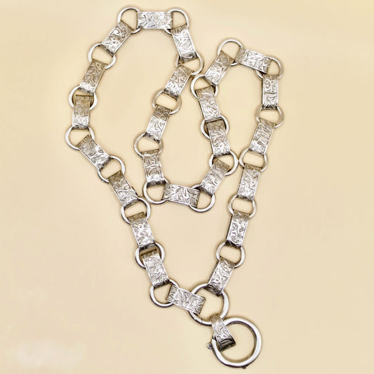 Antique Victorian Reversible Sterling Silver Engraved Collar Book Chain Necklace