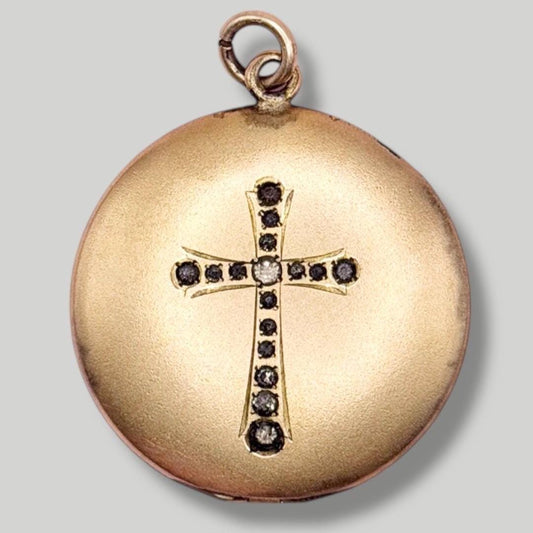 Antique Victorian 14k Gold Filled Black Paste Cross Locket Pendant by J.M.F. & Company