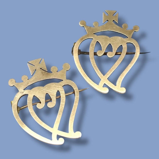1871 Victorian 9ct Gold His & Hers Scottish Luckenbooth Love Token Witch's Heart Brooch Set