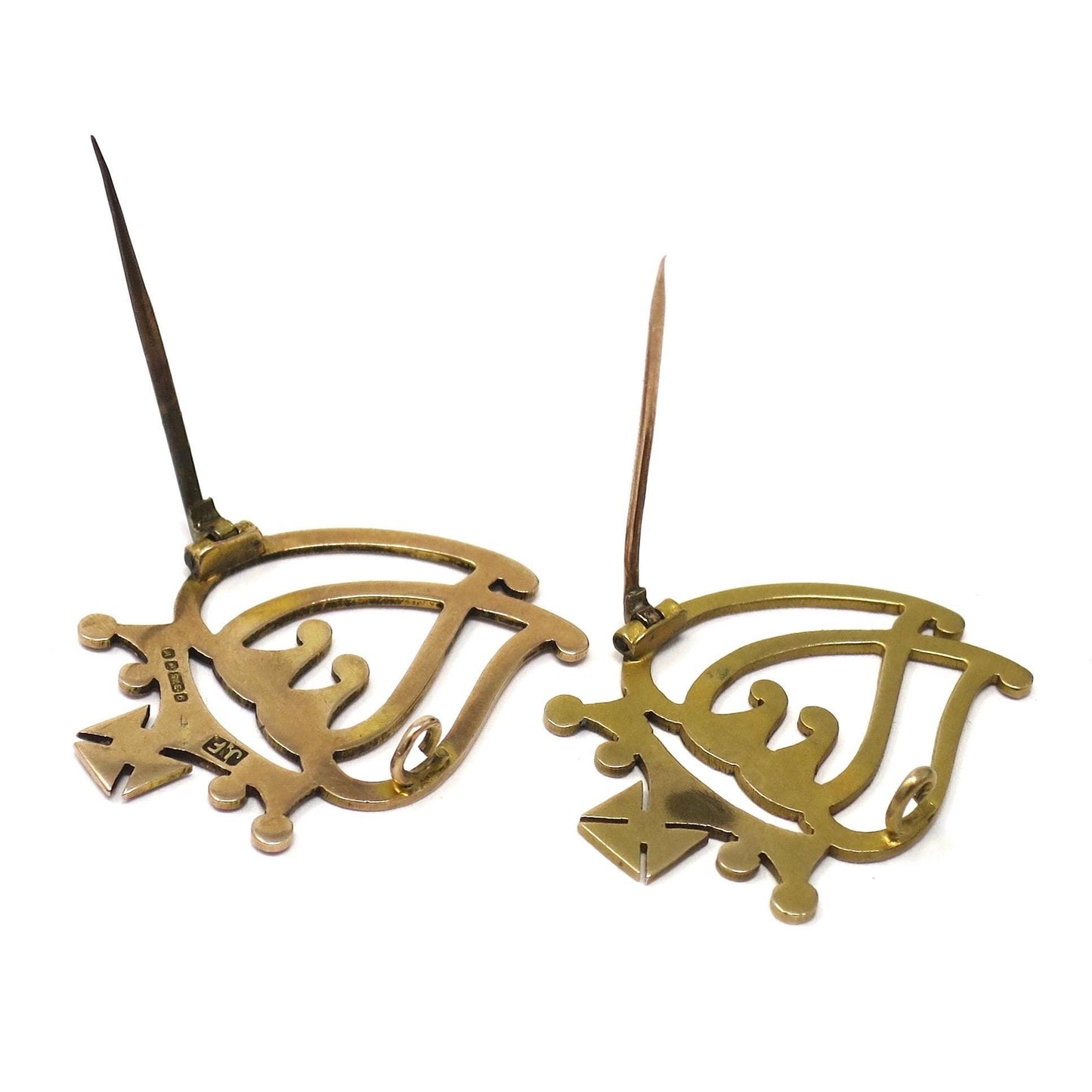 1871 Victorian 9ct Gold His & Hers Scottish Luckenbooth Love Token Witch's Heart Brooch Set