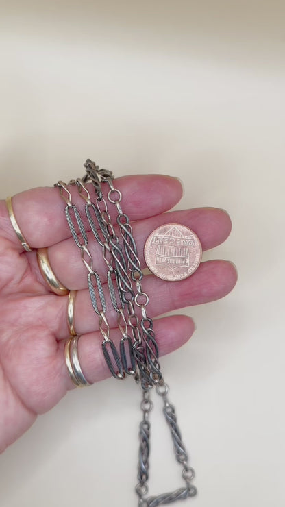 Converted Antique Victorian 800 Silver Niello & Rose Gold Vermeil Pocket Watch Chain Necklace MB74