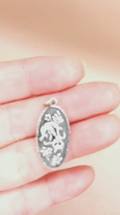 Solid 925 Sterling Silver Flower and Cat Skull Oval Pendant