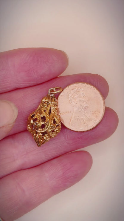 Antique Victorian Revival 14K Yellow Gold Filigree Lantern Cage Pendant