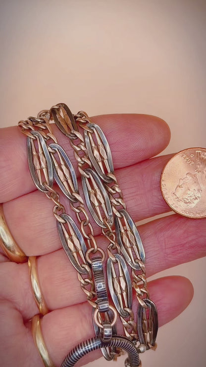 Antique Victorian .800 Silver & 9K Rose Gold Vermeil Niello Trombone Link Necklace MB66