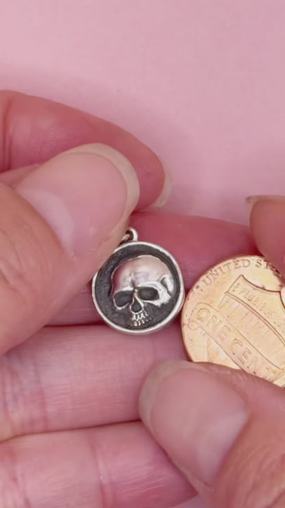 Solid 925 Sterling Silver Round Shadow Box Skull Charm Pendant