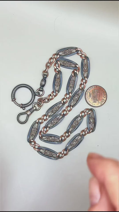 Antique Victorian "Lover's Knot" Open-Work 800 Niello & Rose Gold Vermeil Pocket Wactch Chain, 19-1/8” inches MBP2