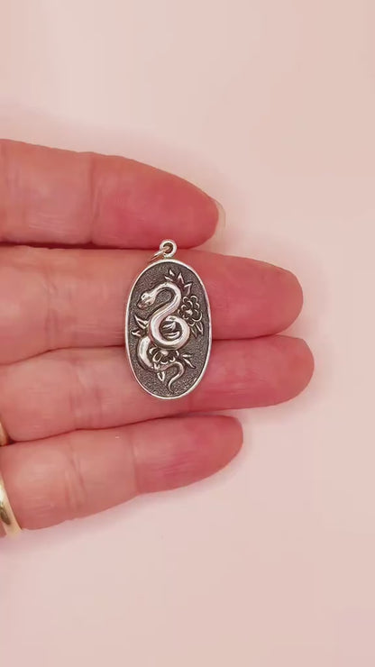 Solid 925 Sterling Silver Flower and Snake Pendant