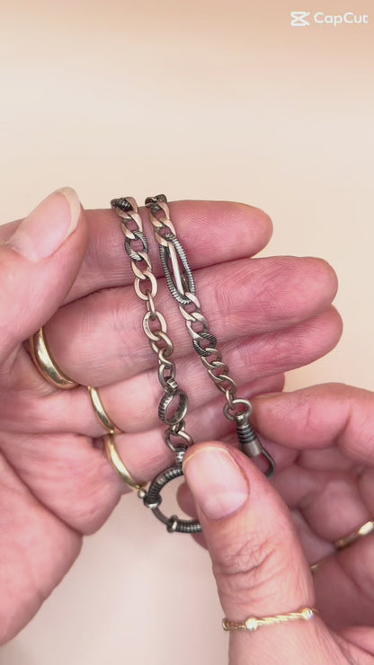 Antique Victorian Niello Silver & 9k Rose Gold Vermeil Pocket Watch Chain Necklace MB72