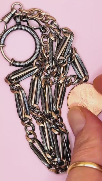 Antique Victorian 800 Silver Niello & Rose Gold Vermeil Pocket Watch Chain Necklace MB75