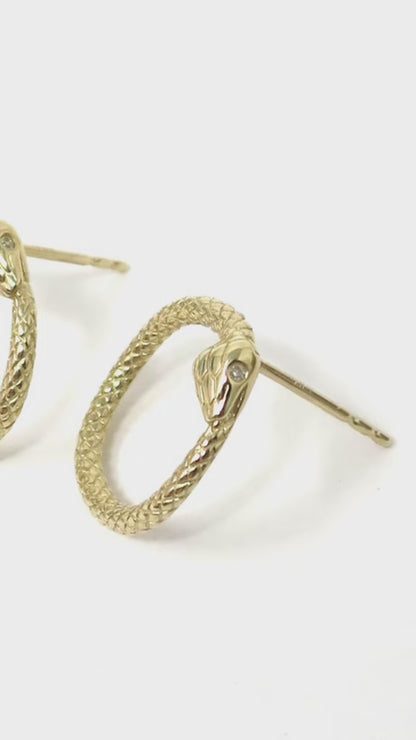 Solid 14K Yellow Gold Ouroboros Snake Serpent with White Diamonds Post Earrings