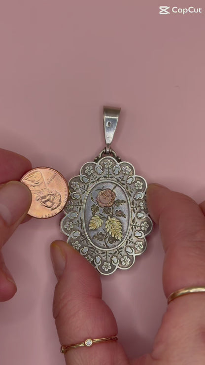 1881 Antique Victorian Birmingham Tricolor Sterling Silver Scalloped Flower Locket Pendant