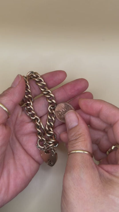 Antique Edwardian 1906 Fully Hallmarked 9k Rose Gold Heart Padlock Curb Bracelet 37.7grams