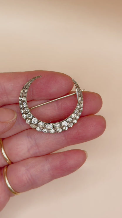 Antique Victorian 835 Silver "Paste Diamond" Crescent Moon Pin Brooch