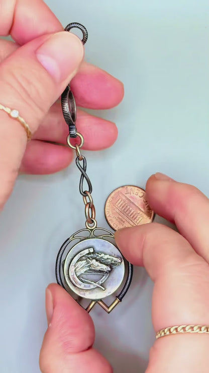 Antique Victorian .800 Silver & 12K Rose Gold Niello Equestrian "Short Drop" Fob Pendant MBP9